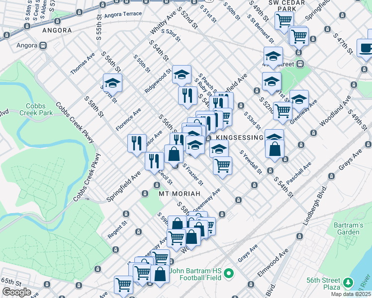 map of restaurants, bars, coffee shops, grocery stores, and more near 5617 Chester Avenue in Philadelphia