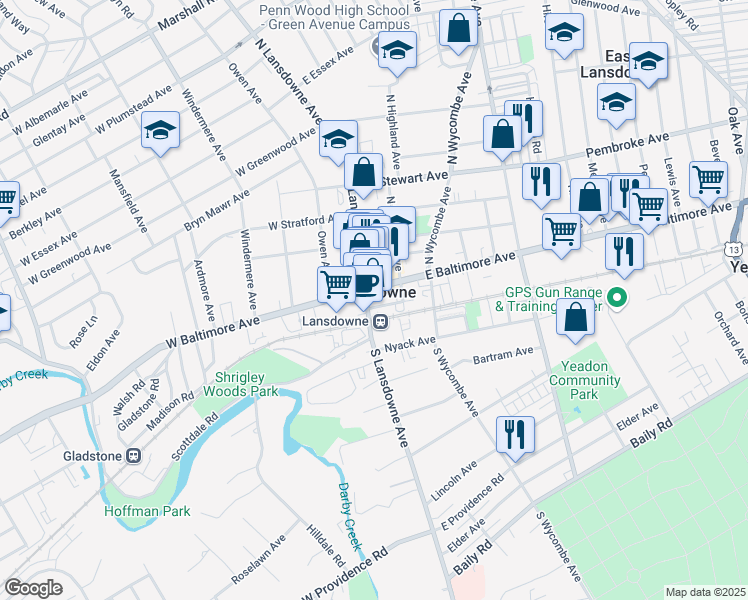 map of restaurants, bars, coffee shops, grocery stores, and more near in Lansdowne