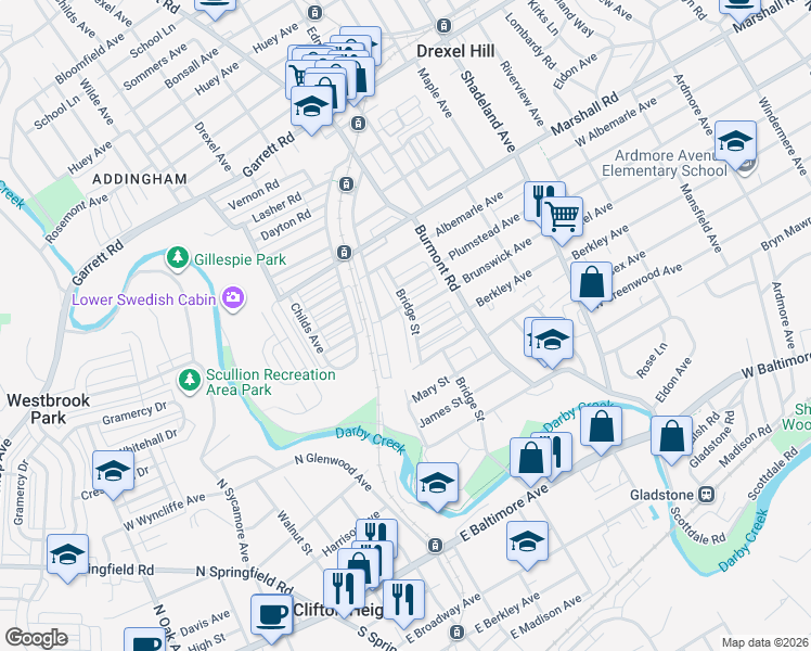 map of restaurants, bars, coffee shops, grocery stores, and more near 200 Bridge Street in Drexel Hill