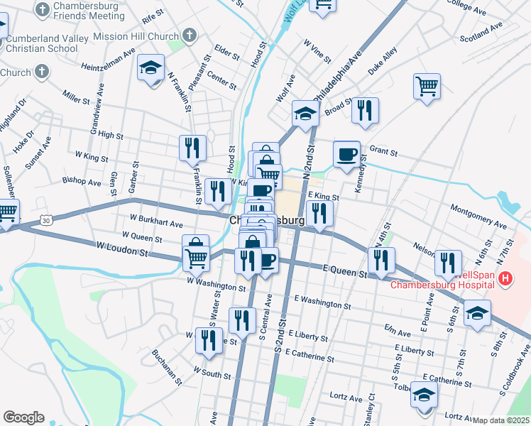 map of restaurants, bars, coffee shops, grocery stores, and more near in Chambersburg
