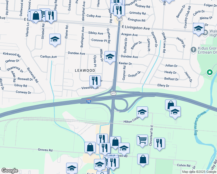 map of restaurants, bars, coffee shops, grocery stores, and more near 4286 Vineshire Drive in Columbus