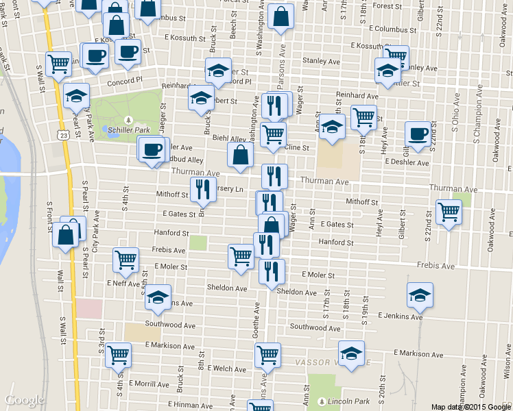 map of restaurants, bars, coffee shops, grocery stores, and more near 414 East Gates Street in Columbus