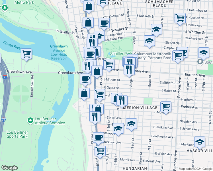 map of restaurants, bars, coffee shops, grocery stores, and more near 27 East Gates Street in Columbus