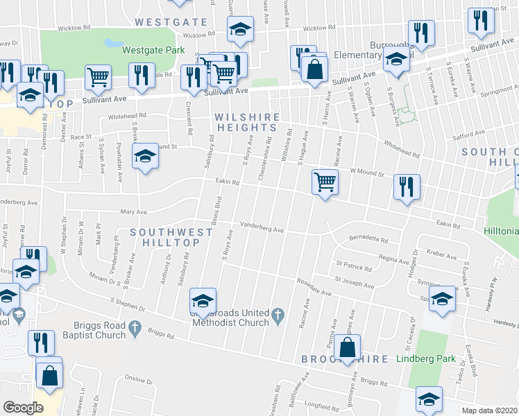 map of restaurants, bars, coffee shops, grocery stores, and more near 839 Wiltshire Road in Columbus