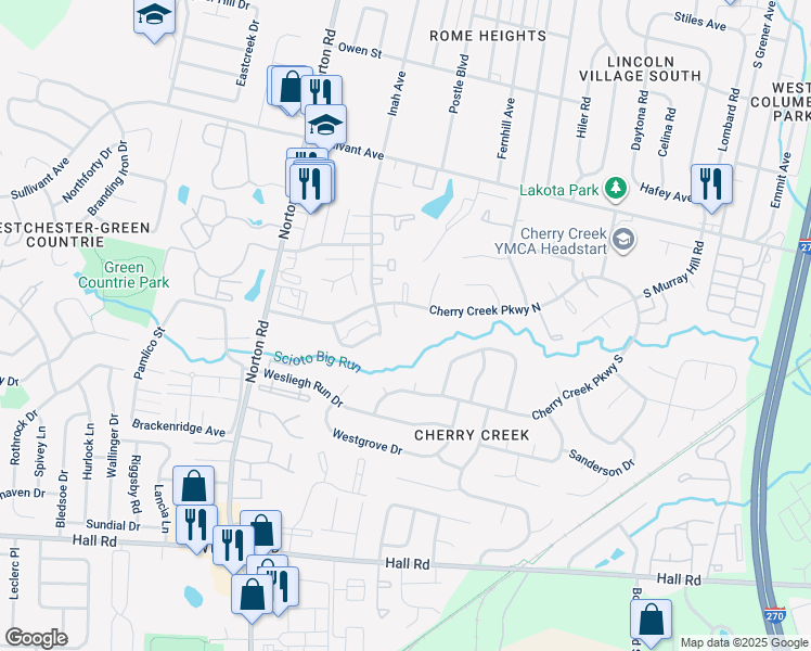 map of restaurants, bars, coffee shops, grocery stores, and more near 5225 Cherry Creek Parkway North in Columbus