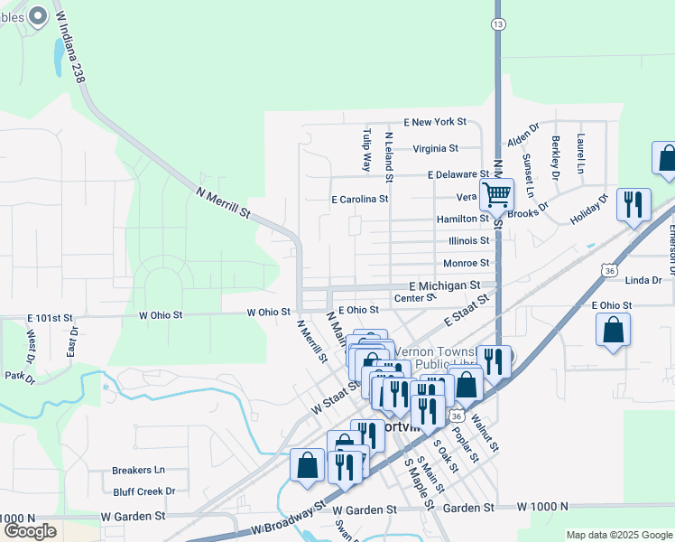 map of restaurants, bars, coffee shops, grocery stores, and more near 111 Michigan Street in Fortville