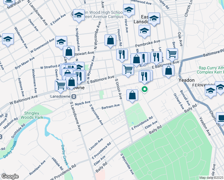 map of restaurants, bars, coffee shops, grocery stores, and more near 121 Austin Avenue in Lansdowne
