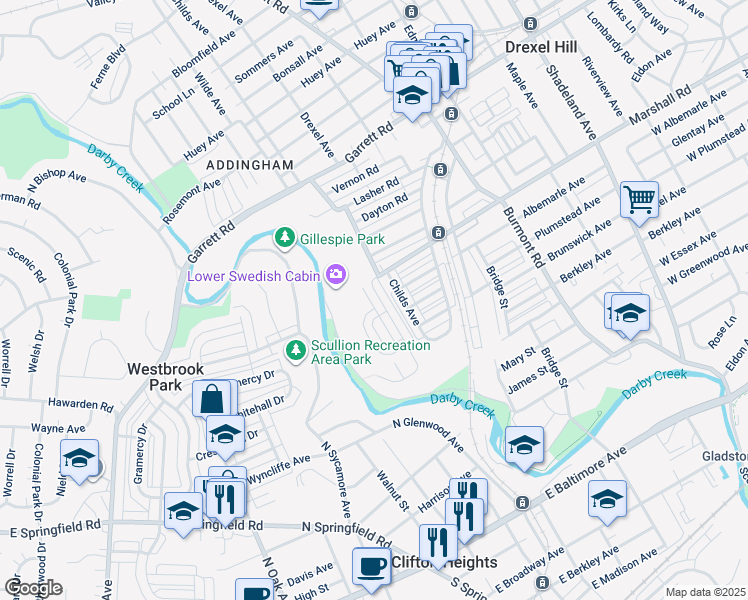 map of restaurants, bars, coffee shops, grocery stores, and more near 248 Wilde Avenue in Drexel Hill