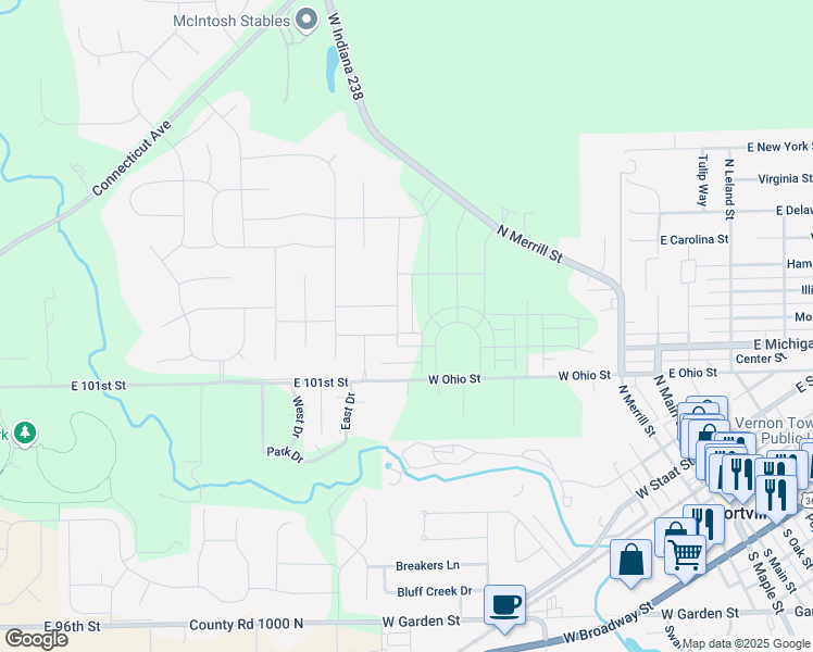 map of restaurants, bars, coffee shops, grocery stores, and more near 501 West Ohio Street in Fortville