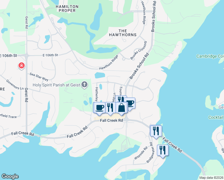 map of restaurants, bars, coffee shops, grocery stores, and more near 10278 Brushfield Lane in Fishers