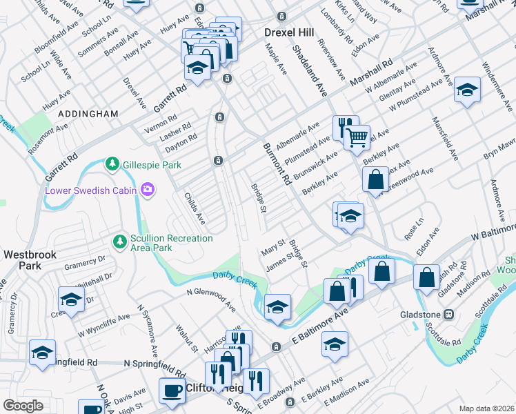 map of restaurants, bars, coffee shops, grocery stores, and more near 200 Bridge Street in Drexel Hill
