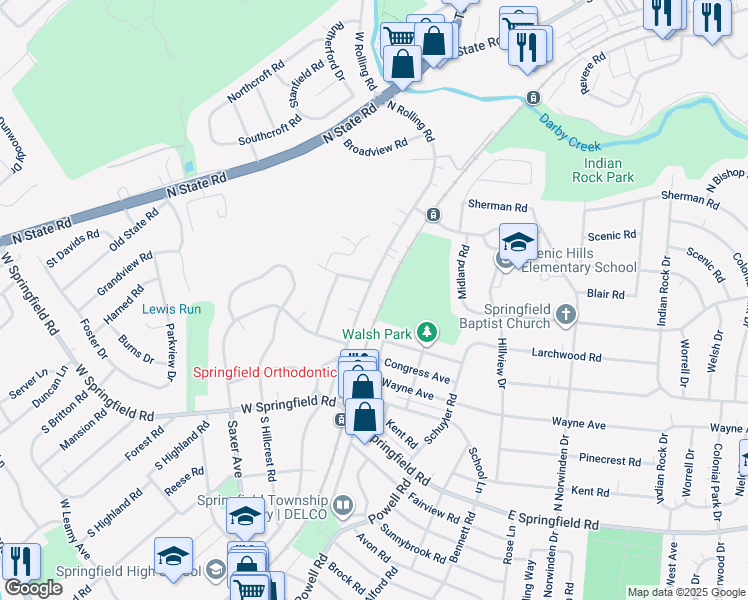 map of restaurants, bars, coffee shops, grocery stores, and more near 137 North Rolling Road in Springfield