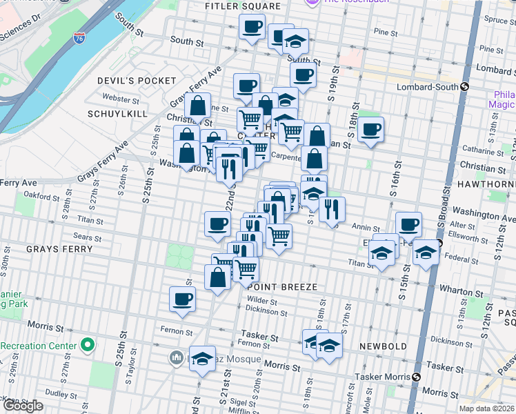map of restaurants, bars, coffee shops, grocery stores, and more near 1187 South 21st Street in Philadelphia