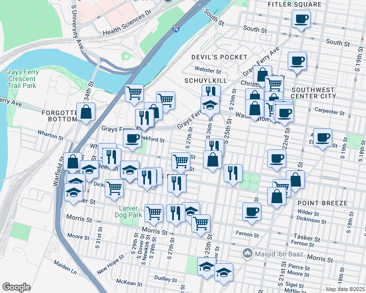 map of restaurants, bars, coffee shops, grocery stores, and more near 2714 Oakford Street in Philadelphia