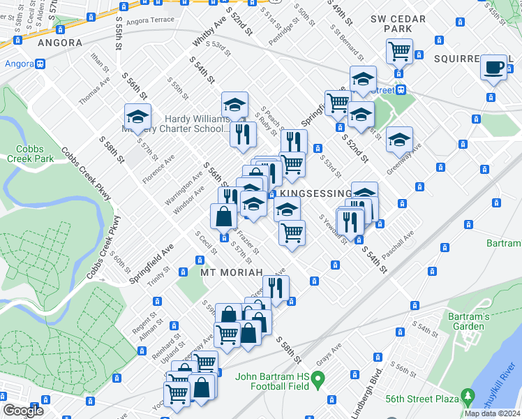 map of restaurants, bars, coffee shops, grocery stores, and more near 5536 Chester Avenue in Philadelphia