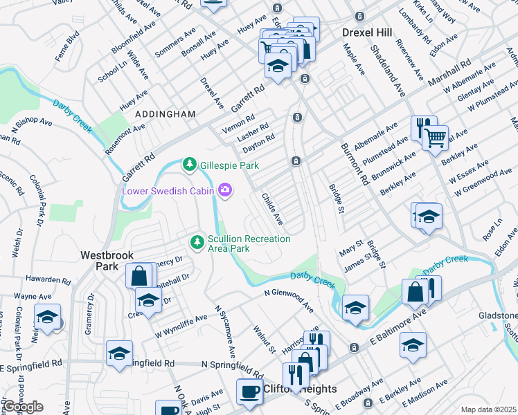 map of restaurants, bars, coffee shops, grocery stores, and more near 251 Wilde Avenue in Drexel Hill