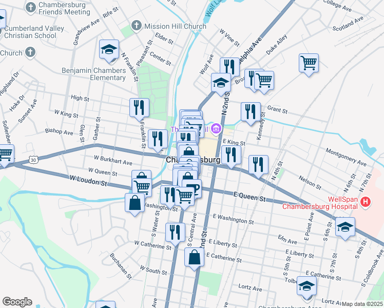 map of restaurants, bars, coffee shops, grocery stores, and more near 57 North Main Street in Chambersburg