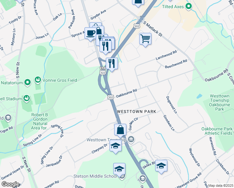 map of restaurants, bars, coffee shops, grocery stores, and more near 3 Oakbourne Road in West Chester