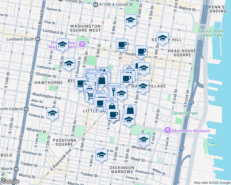 map of restaurants, bars, coffee shops, grocery stores, and more near 638 Christian Street in Philadelphia