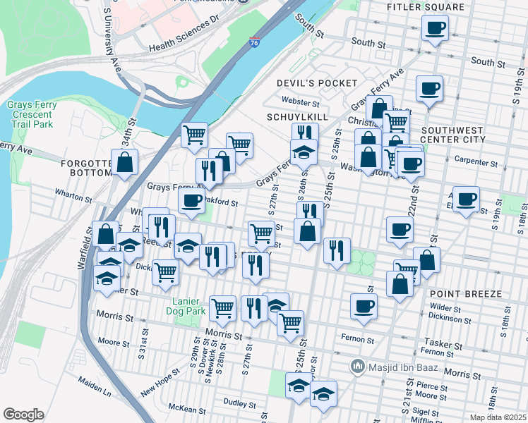 map of restaurants, bars, coffee shops, grocery stores, and more near 2714 Oakford Street in Philadelphia