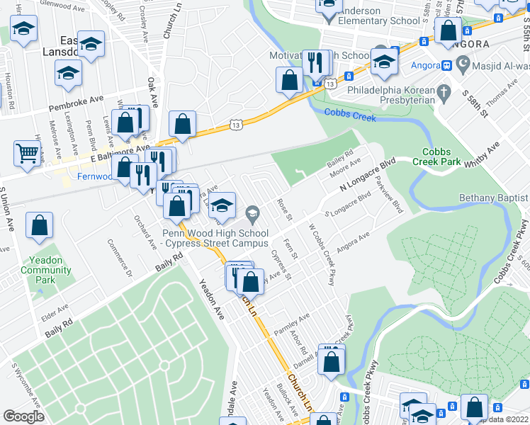 map of restaurants, bars, coffee shops, grocery stores, and more near 606 Fern Street in Yeadon