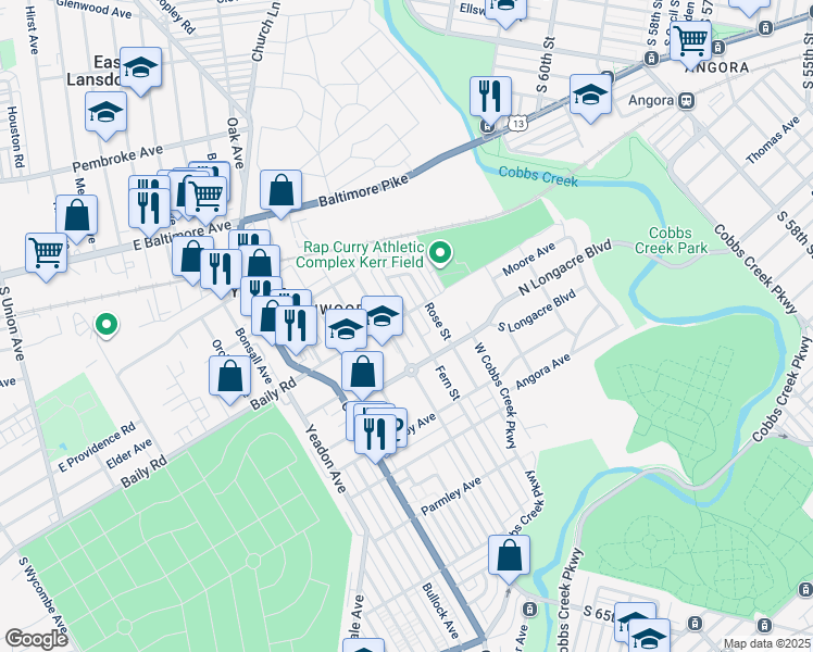 map of restaurants, bars, coffee shops, grocery stores, and more near 606 Fern Street in Yeadon