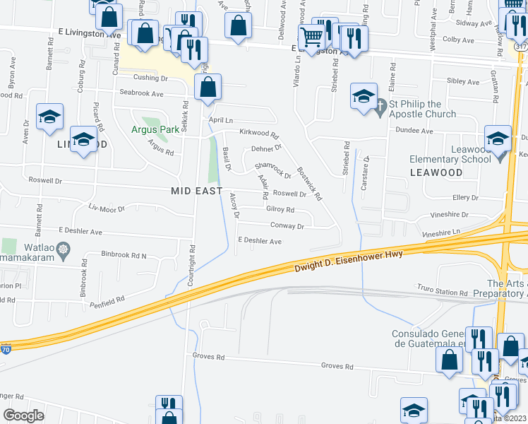 map of restaurants, bars, coffee shops, grocery stores, and more near 3773 Gilroy Road in Columbus