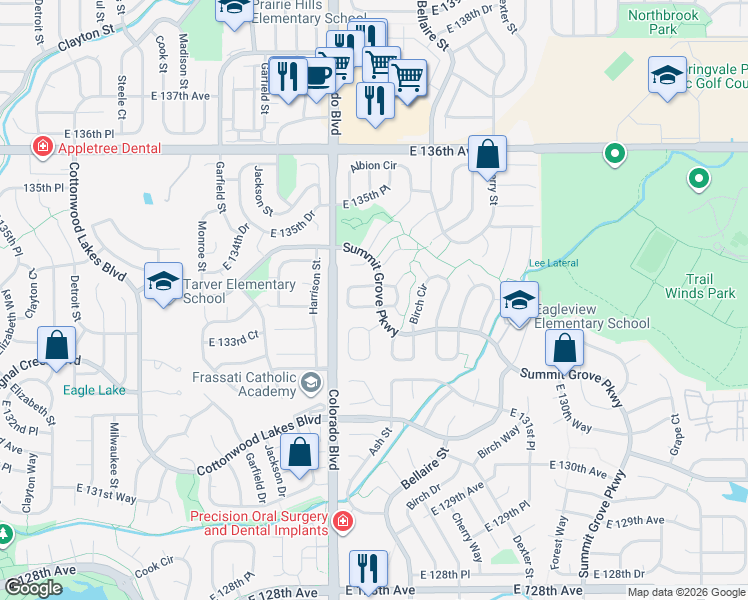 map of restaurants, bars, coffee shops, grocery stores, and more near 13301 Albion Circle in Thornton
