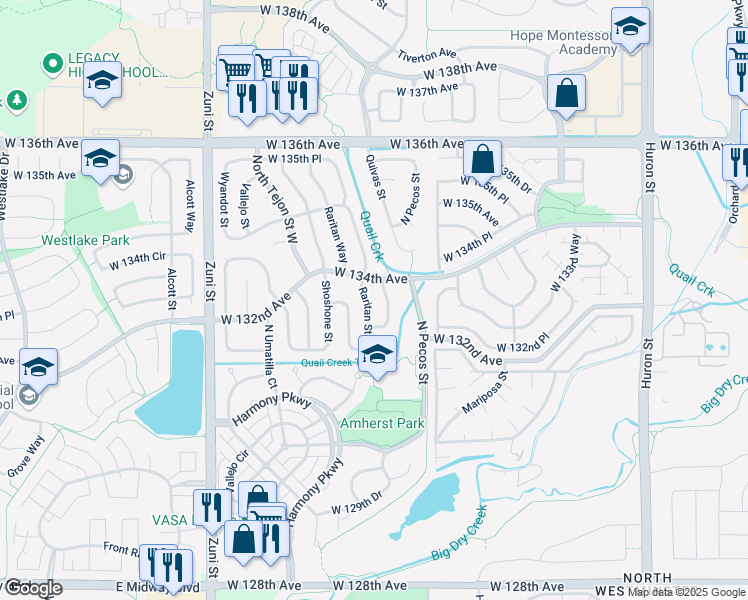 map of restaurants, bars, coffee shops, grocery stores, and more near 13193 Raritan Street in Westminster