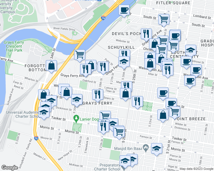 map of restaurants, bars, coffee shops, grocery stores, and more near 2718 Oakford Street in Philadelphia