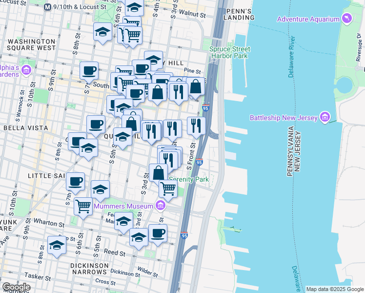 map of restaurants, bars, coffee shops, grocery stores, and more near 129 Catharine Street in Philadelphia
