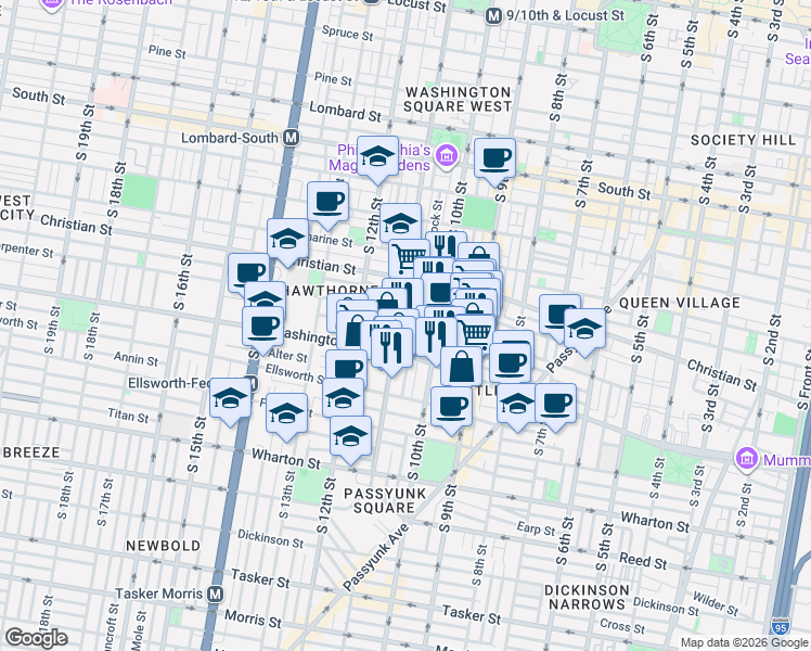 map of restaurants, bars, coffee shops, grocery stores, and more near 1001 Washington Avenue in Philadelphia