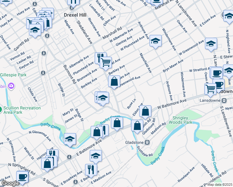 map of restaurants, bars, coffee shops, grocery stores, and more near 295 Bryn Mawr Avenue in Lansdowne