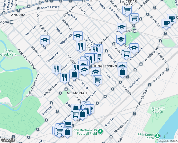 map of restaurants, bars, coffee shops, grocery stores, and more near 5529 Regent Street in Philadelphia