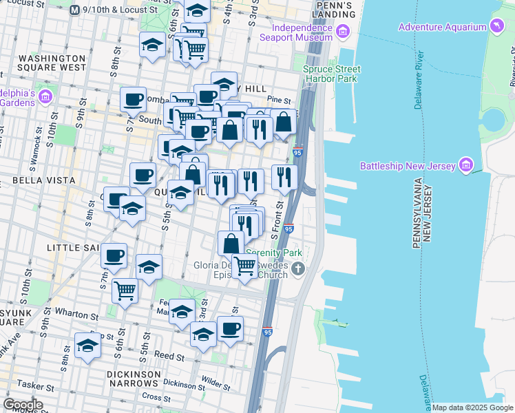 map of restaurants, bars, coffee shops, grocery stores, and more near 785 South 2nd Street in Philadelphia