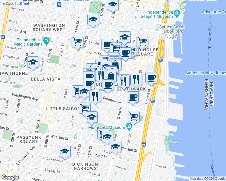 map of restaurants, bars, coffee shops, grocery stores, and more near 805 South 4th Street in Philadelphia