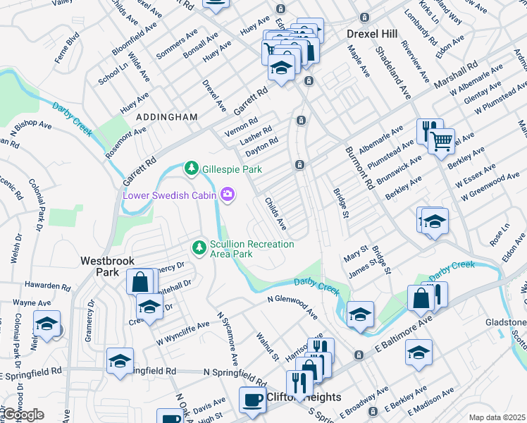 map of restaurants, bars, coffee shops, grocery stores, and more near 251 Wilde Avenue in Drexel Hill
