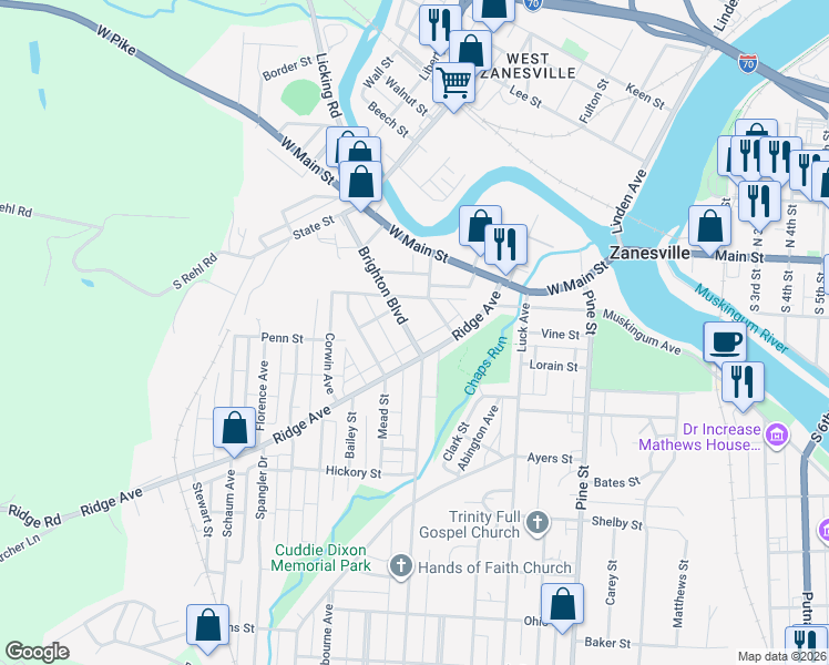 map of restaurants, bars, coffee shops, grocery stores, and more near 175 Brighton Boulevard in Zanesville