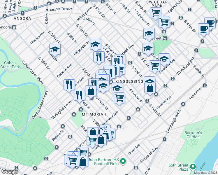map of restaurants, bars, coffee shops, grocery stores, and more near 5529 Regent Street in Philadelphia