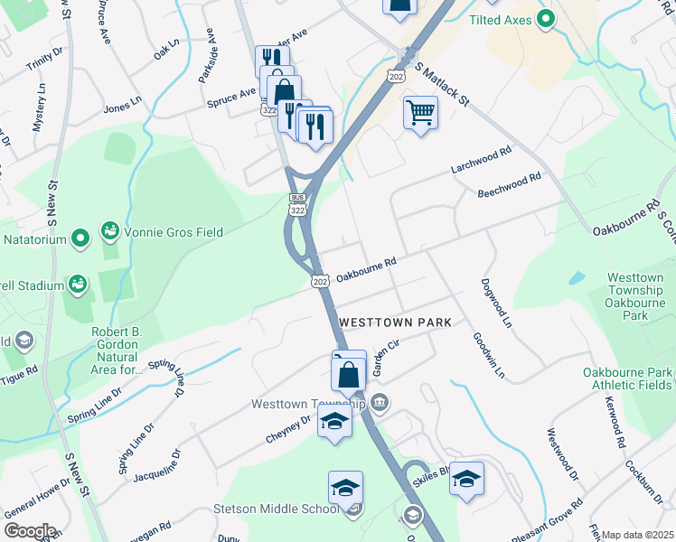 map of restaurants, bars, coffee shops, grocery stores, and more near 3 Oakbourne Road in West Chester