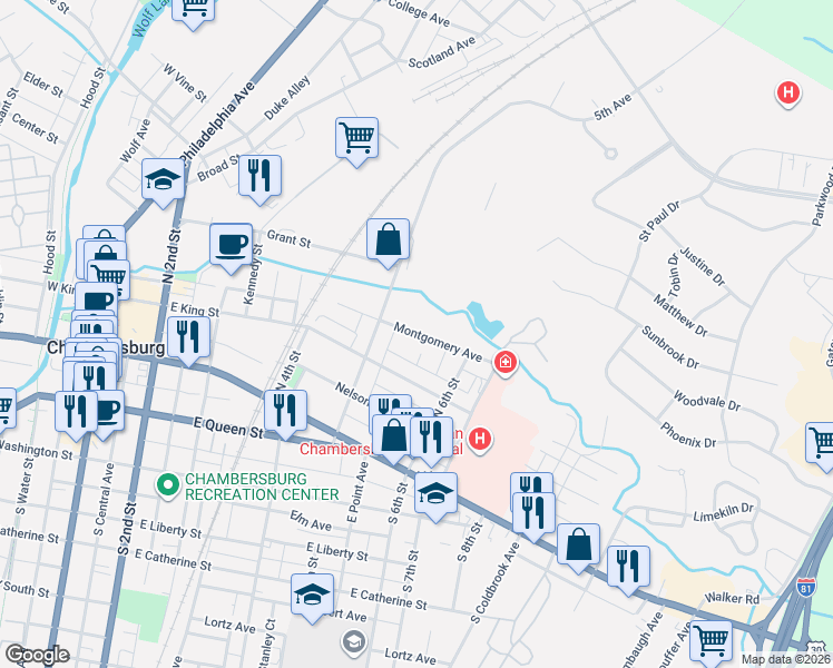 map of restaurants, bars, coffee shops, grocery stores, and more near 552 Montgomery Avenue in Chambersburg