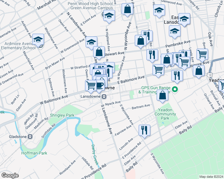 map of restaurants, bars, coffee shops, grocery stores, and more near 17 South Highland Avenue in Lansdowne