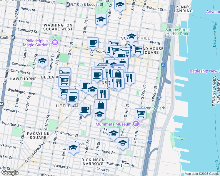 map of restaurants, bars, coffee shops, grocery stores, and more near 817 South 5th Street in Philadelphia