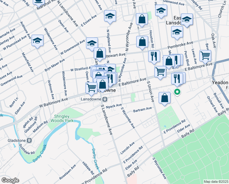 map of restaurants, bars, coffee shops, grocery stores, and more near 17 South Highland Avenue in Lansdowne