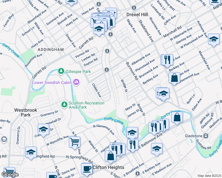 map of restaurants, bars, coffee shops, grocery stores, and more near 249 Cheswold Road in Drexel Hill