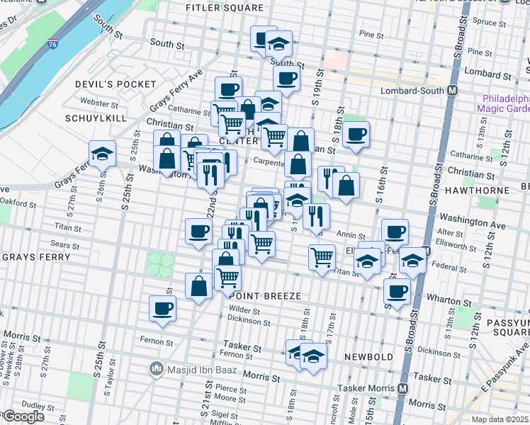 map of restaurants, bars, coffee shops, grocery stores, and more near 2009 Federal Street in Philadelphia