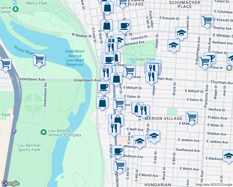 map of restaurants, bars, coffee shops, grocery stores, and more near 1201 South High Street in Columbus