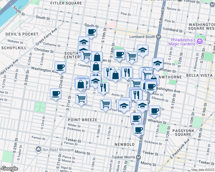 map of restaurants, bars, coffee shops, grocery stores, and more near 1730 Washington Avenue in Philadelphia