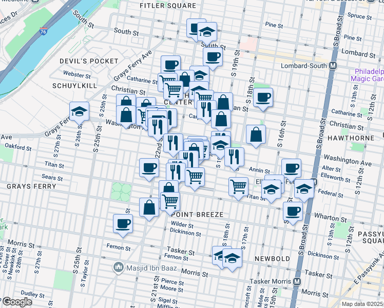map of restaurants, bars, coffee shops, grocery stores, and more near 2022 Ellsworth Street in Philadelphia