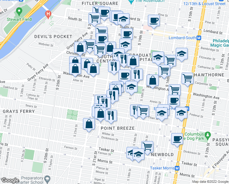 map of restaurants, bars, coffee shops, grocery stores, and more near 2022 Ellsworth Street in Philadelphia